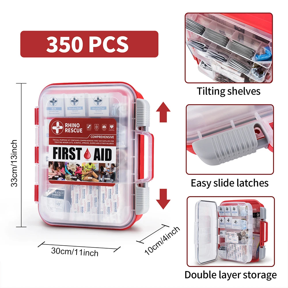 All-Purpose First Aid Kit, RHINO RESCUE 350pcs OSHA Home & Office Professional Medical Supplies